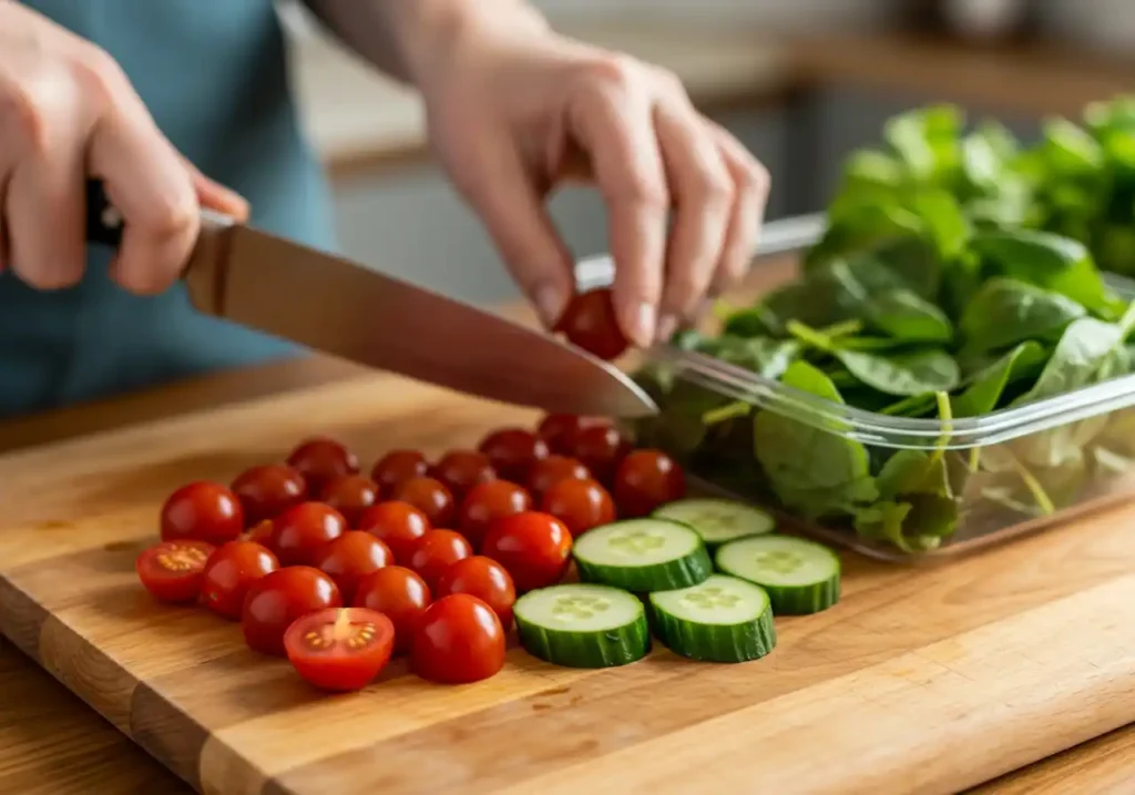 A person slicing cherry tomatoes on a wooden cutting board, with fresh cucumber slices and a container of spinach nearby.