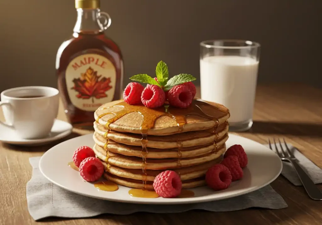 Stack of pancakes with syrup, raspberries, and mint, served with milk, coffee, and maple syrup