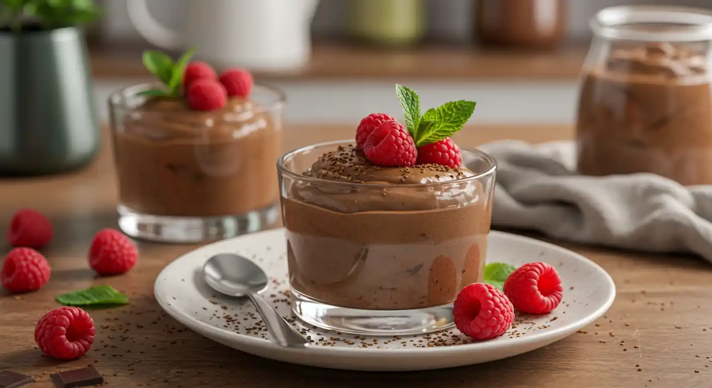 A creamy chocolate mousse dessert in a glass, garnished with fresh raspberries and mint leaves, served on a white plate with a spoon and additional raspberries around it.