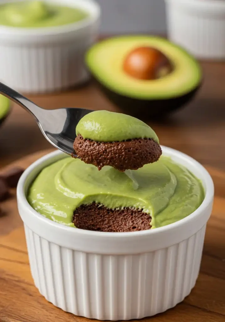 A creamy chocolate mousse topped with a smooth green avocado layer in a white ramekin, with a spoon lifting a bite-sized portion. A halved avocado is visible in the background.