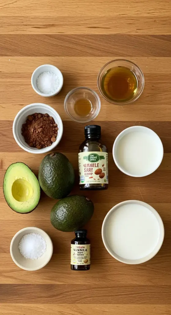 A flat lay of ingredients on a wooden surface, including avocados, cocoa powder, vanilla extract, maple syrup, salt, milk, and other baking essentials.