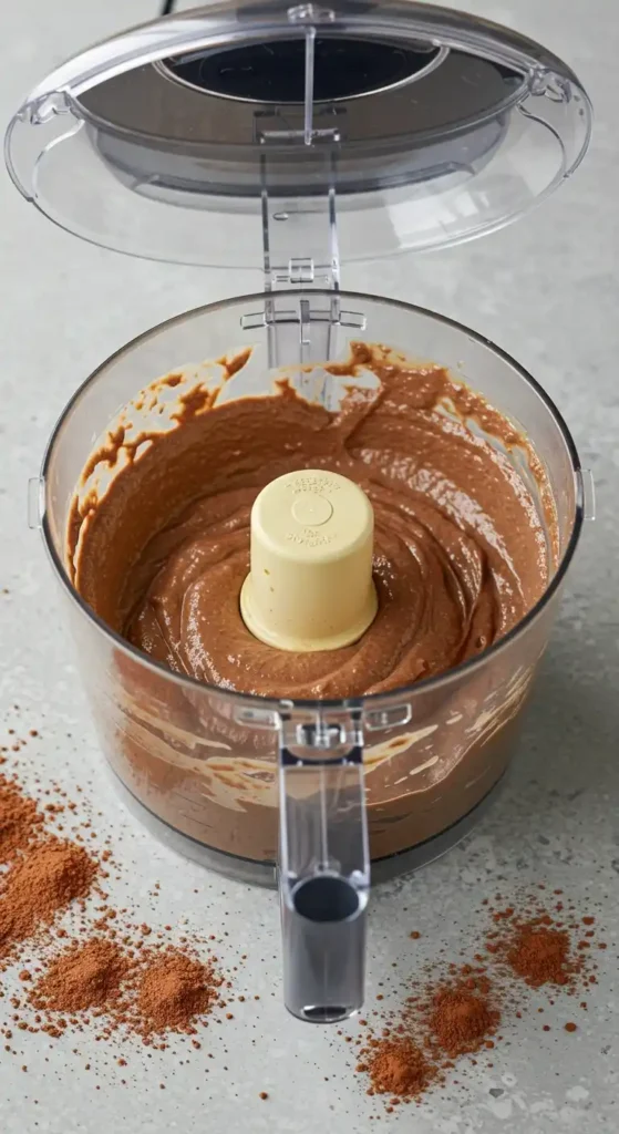 An open food processor filled with freshly blended chocolate mousse, with cocoa powder sprinkled on the countertop.