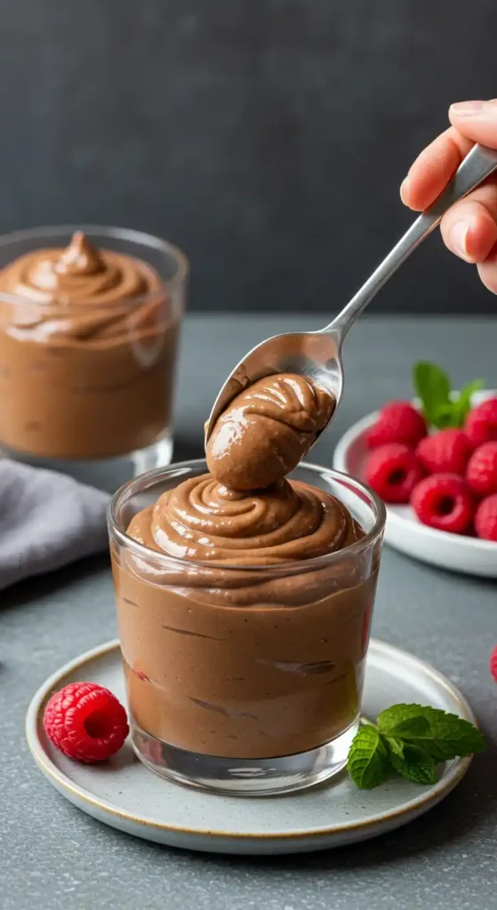 A glass filled with creamy chocolate mousse, with a spoon lifting a smooth portion. Fresh raspberries and mint leaves are placed nearby on a plate