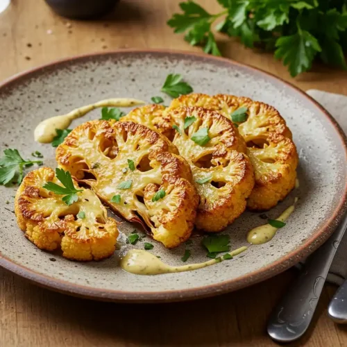 Crispy roasted cauliflower steaks garnished with fresh parsley and drizzled with a creamy sauce, served on a rustic ceramic plate with a fork and knife.