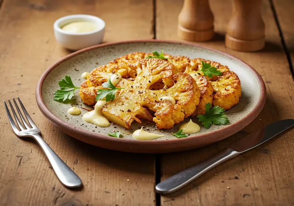 Grilled cauliflower steaks drizzled with a creamy sauce, garnished with fresh parsley, and served on a rustic ceramic plate with a fork and knife on a wooden table.