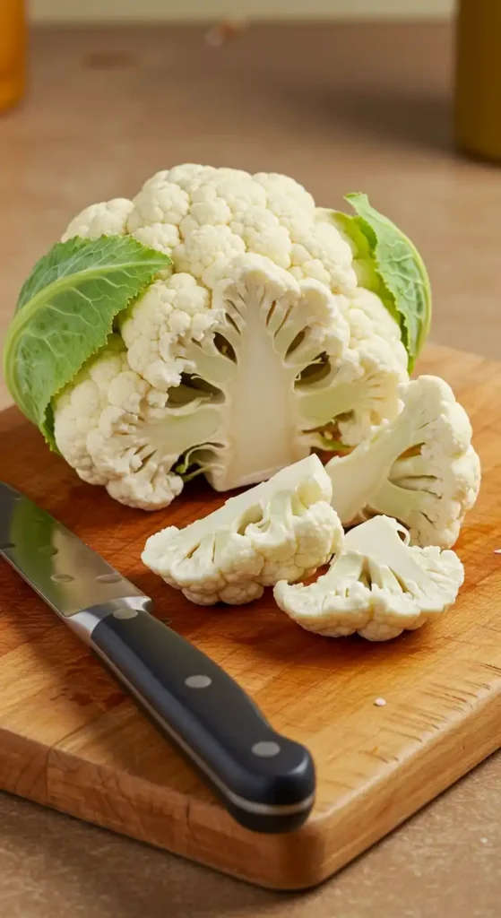 A whole cauliflower with green leaves partially cut on a wooden cutting board, alongside a knife.