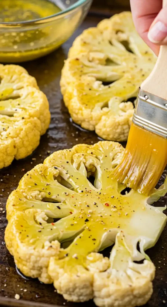 hand using a brush to coat cauliflower steaks with oil and seasoning before roasting.