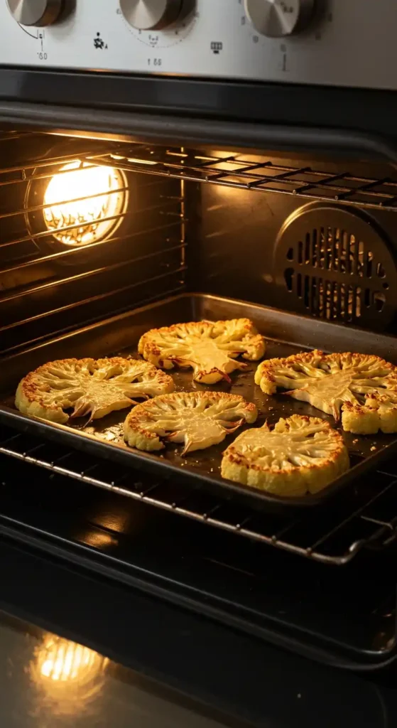 Slices of cauliflower roasting in the oven on a baking tray, with a golden-brown crust forming.