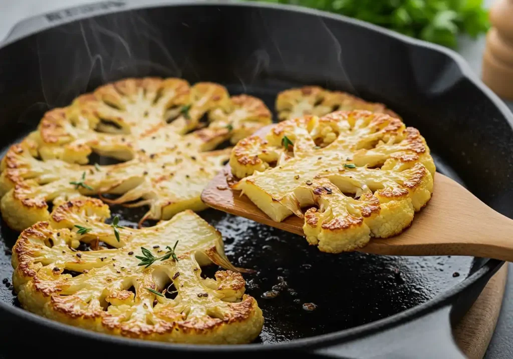 Golden-brown cauliflower steaks being lifted from a sizzling cast iron pan with a wooden spatula, garnished with fresh herbs.