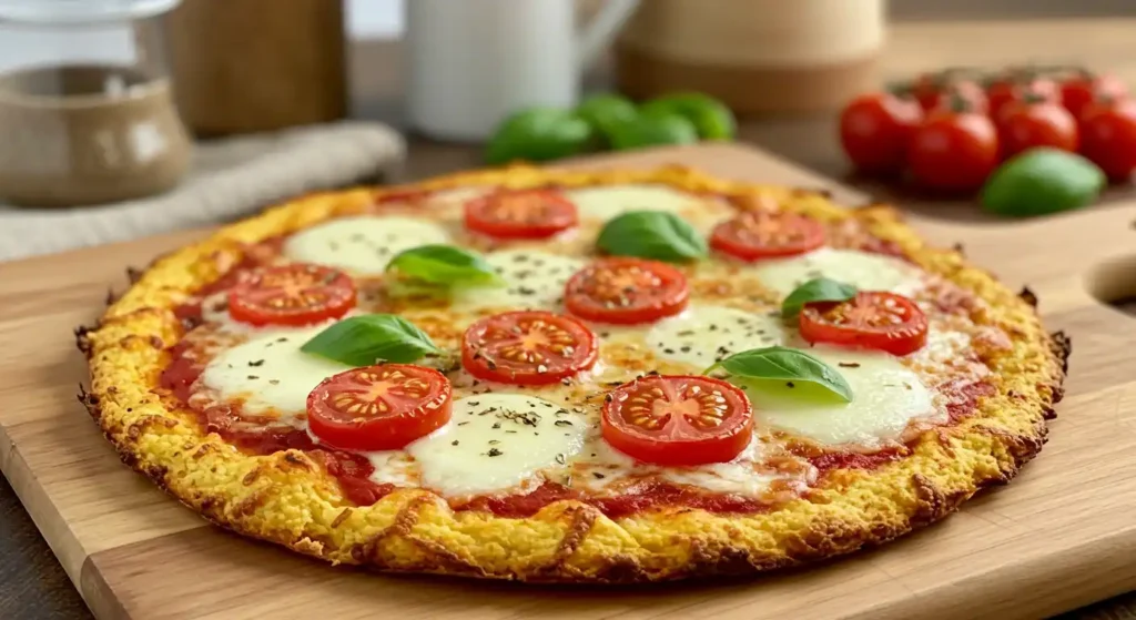 A freshly baked cauliflower crust pizza topped with melted mozzarella, sliced cherry tomatoes, basil leaves, and seasoning, served on a wooden board.