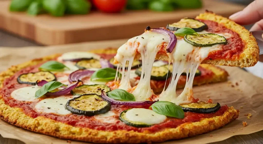 A cheesy cauliflower crust pizza topped with zucchini, red onion, and basil, with a hand lifting a slice showcasing gooey melted cheese.