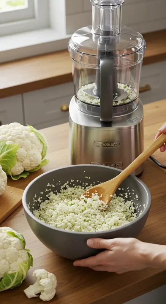 A person mixing freshly processed cauliflower rice in a bowl, with a food processor and whole cauliflower heads on a wooden kitchen counter.