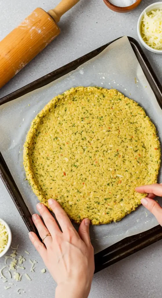 A person shaping a homemade cauliflower pizza crust on a parchment-lined baking tray, with ingredients like shredded cheese and a rolling pin nearby.