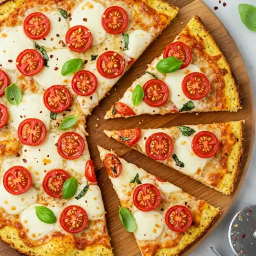 A sliced cauliflower crust pizza topped with melted mozzarella, cherry tomatoes, fresh basil, and red pepper flakes, served on a wooden board with a pizza cutter.