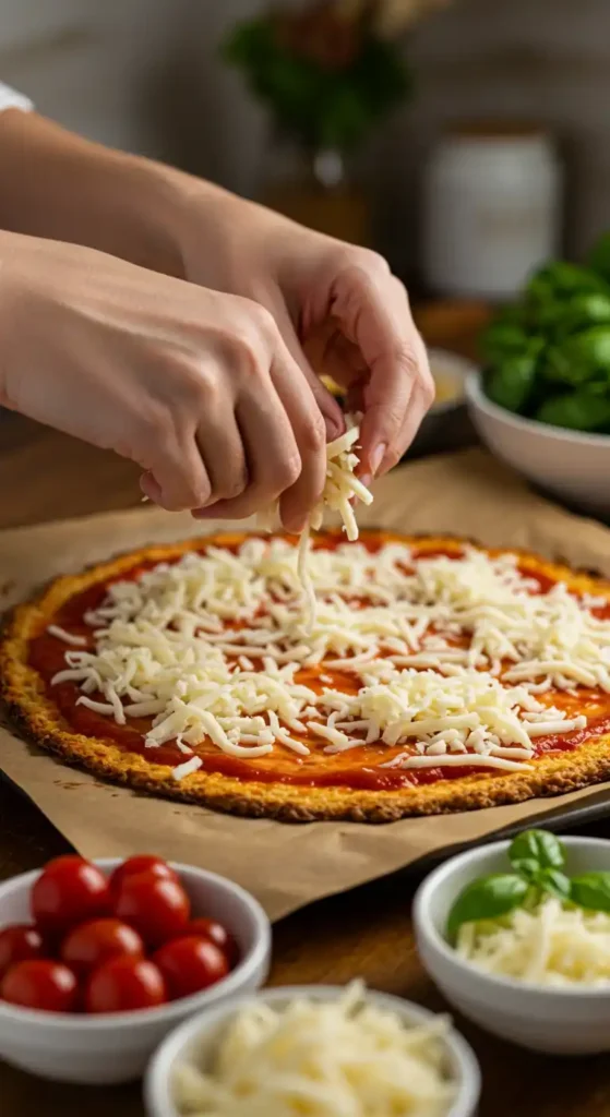 A person sprinkling shredded mozzarella cheese over a cauliflower pizza crust with tomato sauce, surrounded by fresh ingredients like cherry tomatoes and basil.