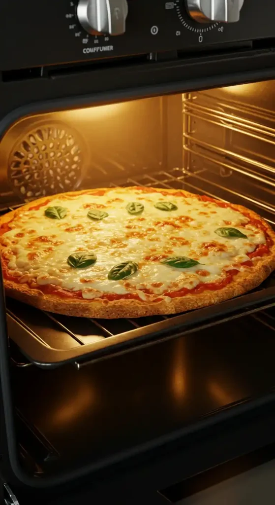 A cauliflower crust pizza with melted mozzarella and fresh basil baking in the oven, with a golden crispy edge.